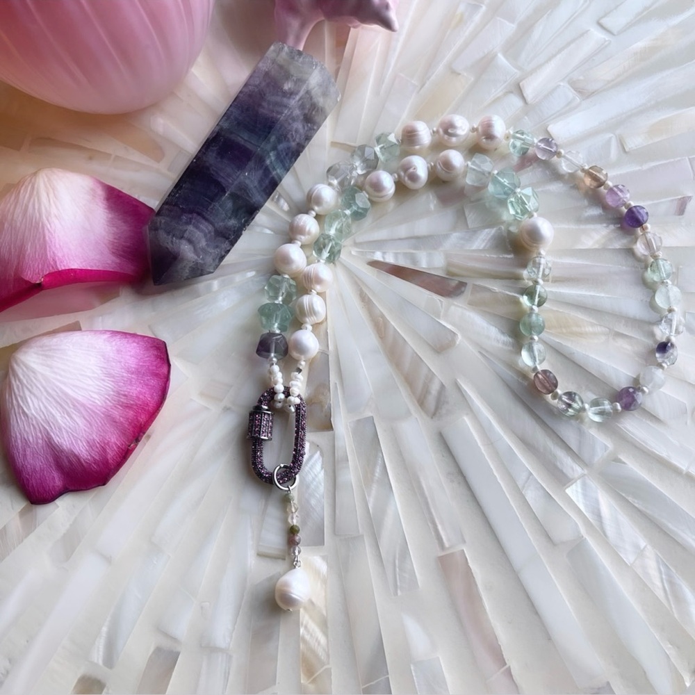 Faceted Rainbow Fluorite Pearl Tourmaline Gemstone Carabiner Lariat Necklace